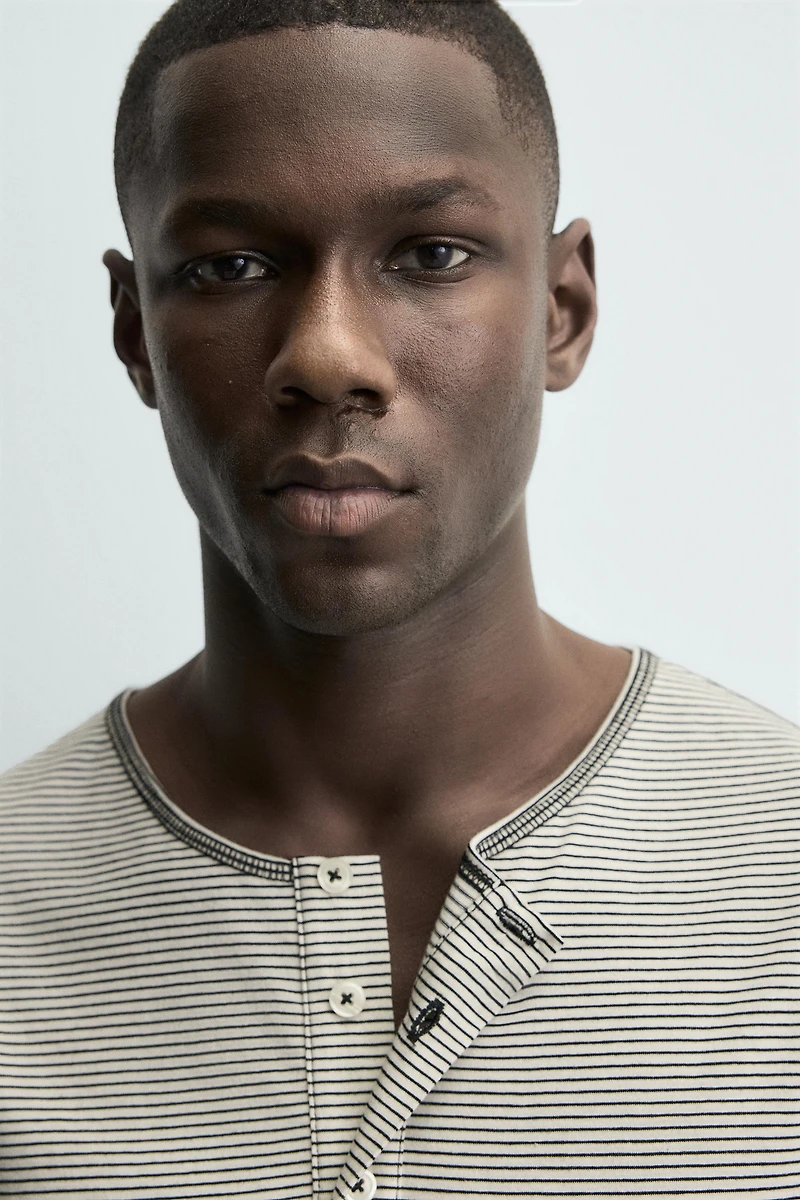 STRIPED HENLEY NECK T-SHIRT