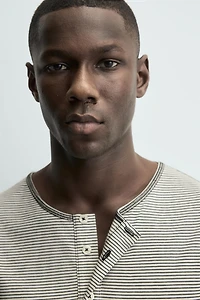 STRIPED HENLEY NECK T-SHIRT