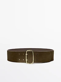 Split suede belt with rectangular buckle