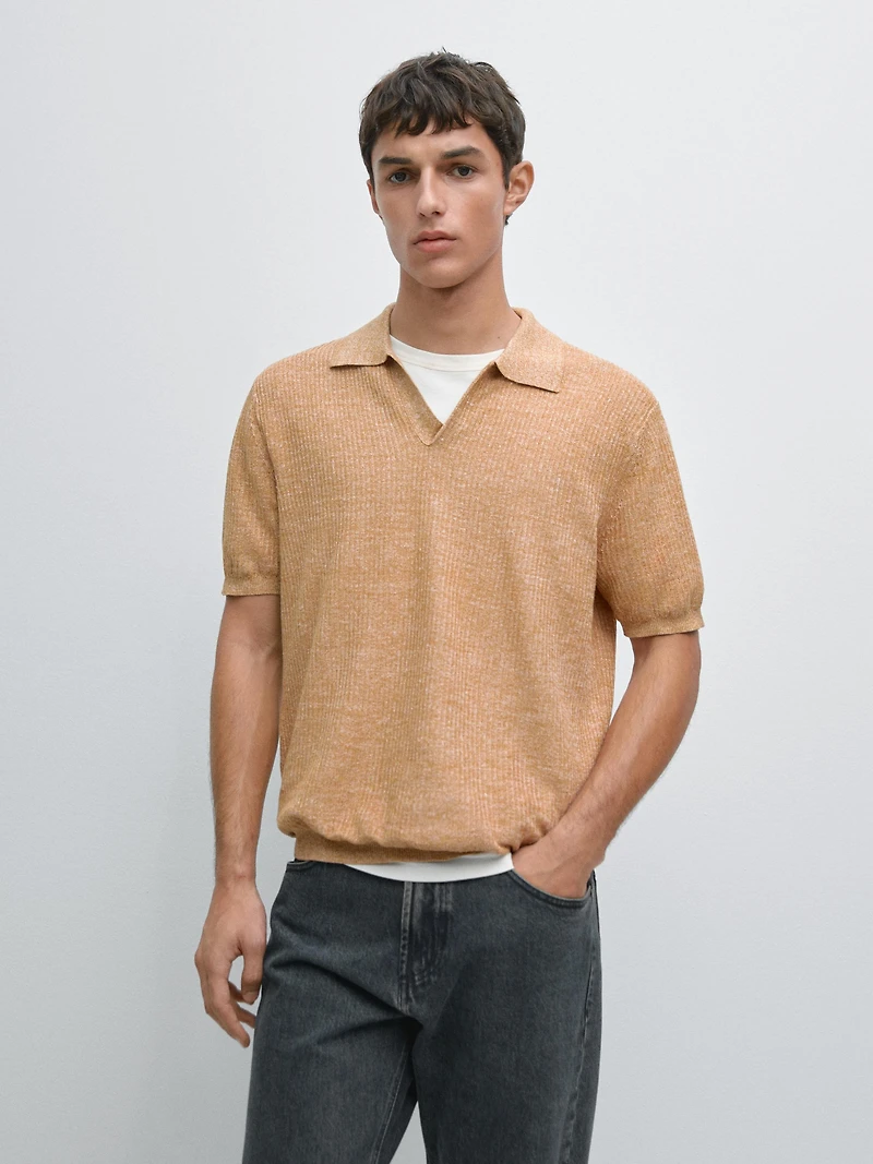 Textured knit cotton and linen blend polo shirt