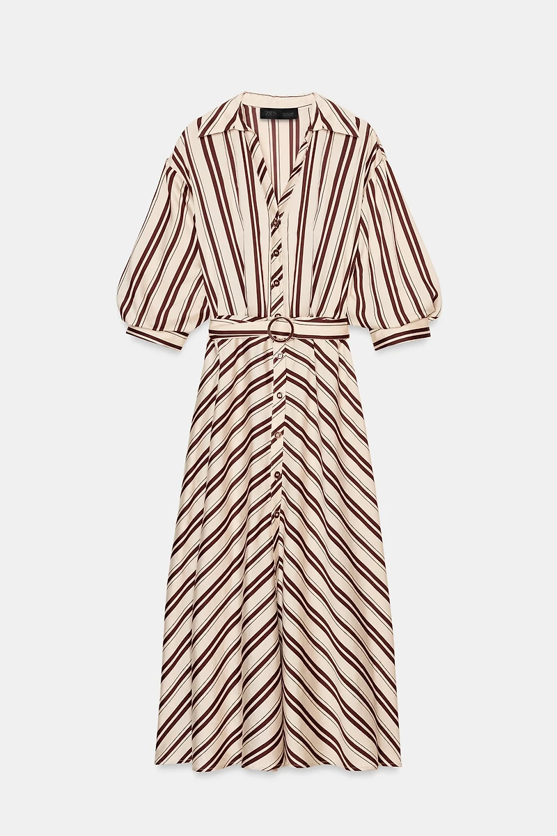 STRIPED BELTED MIDI DRESS