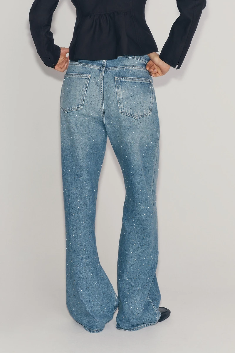 ZW COLLECTION MID-RISE WIDE LEG RHINESTONE JEANS