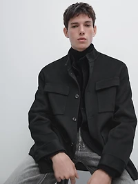 Double wool blend jacket with stand collar