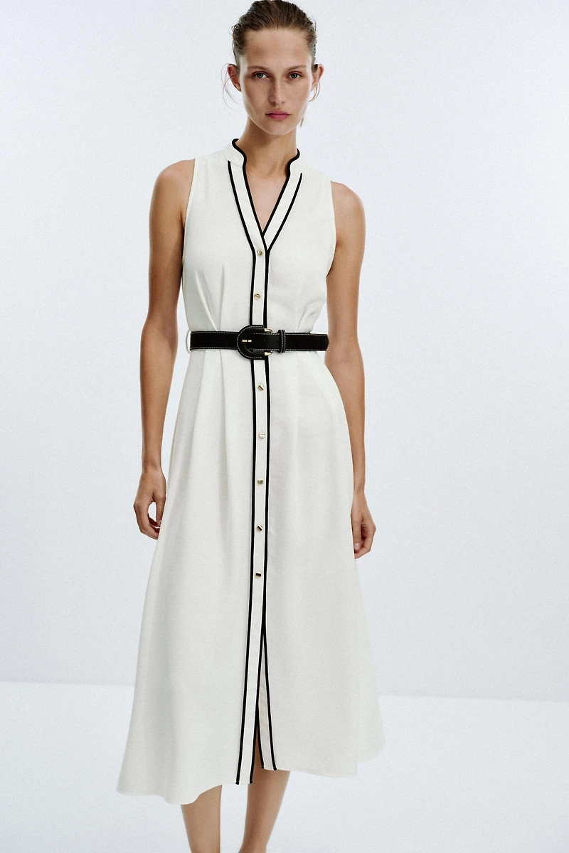 BELTED CONTRAST TRIM MIDI DRESS