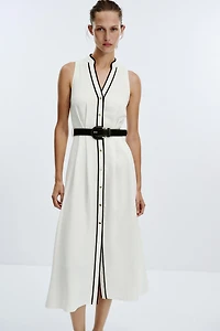BELTED CONTRAST TRIM MIDI DRESS