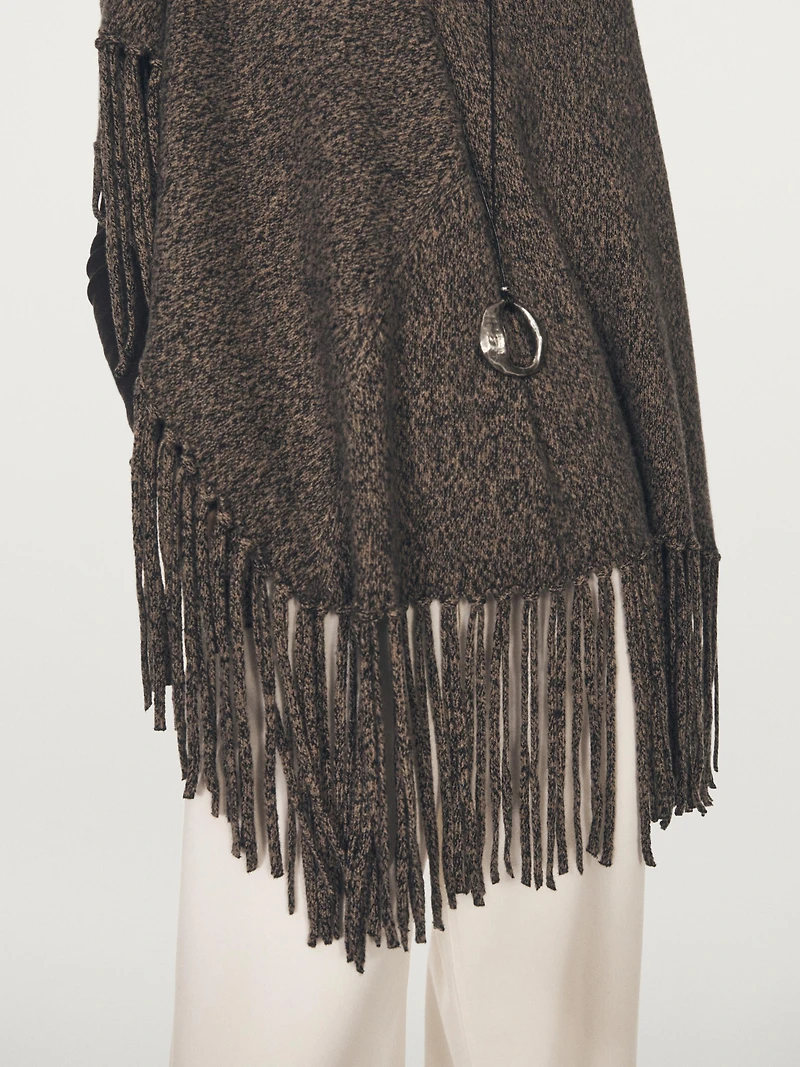 Wool blend mouliné knit cape with fringing