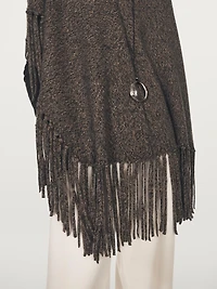 Wool blend mouliné knit cape with fringing