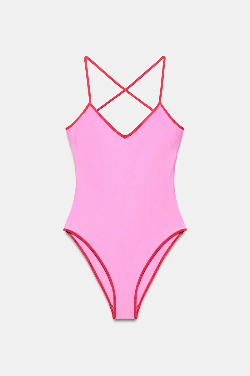 SOLID SWIMSUIT WITH CONTRASTING STRAPS