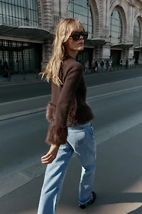FAUX FUR TRIM KNIT CARDIGAN