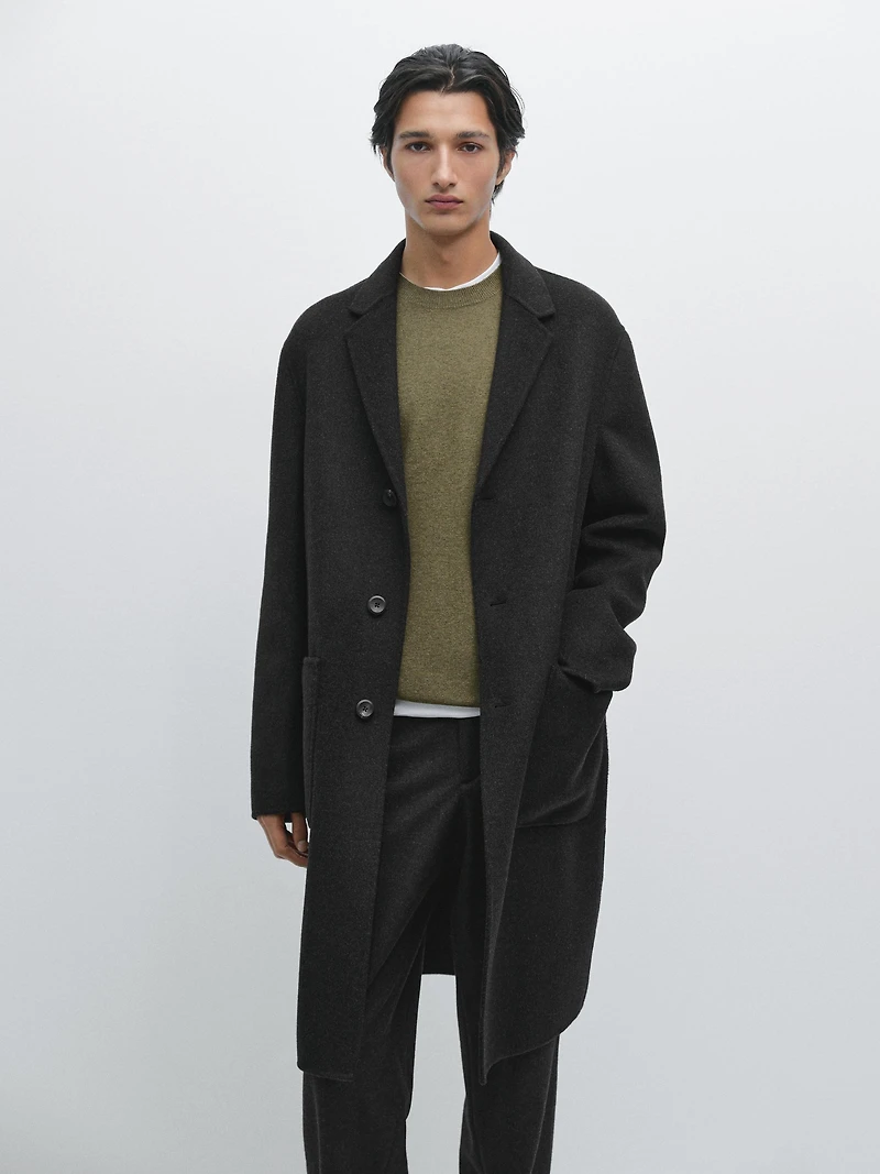 Manteau long à revers en laine mélangée