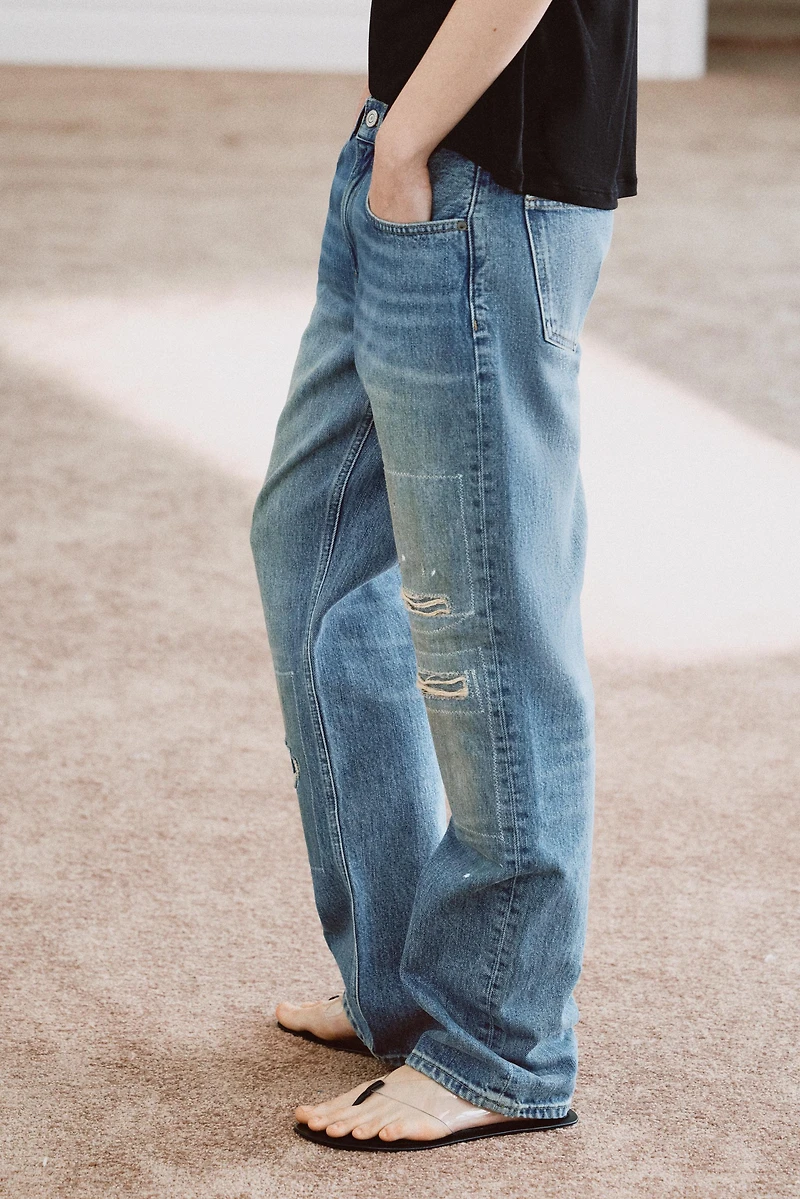 ZW COLLECTION MID-RISE RIPPED STRAIGHT LEG JEANS