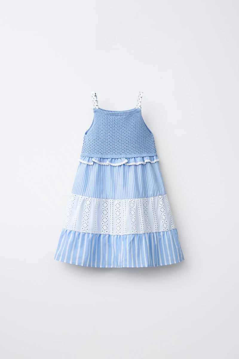 STRIPED AND SWISS EMBROIDERED KNIT DRESS