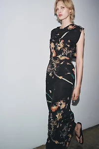 BEADED PRINTED CAPE DRESS
