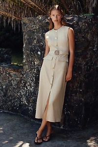 LINEN BUCKLE MIDI DRESS