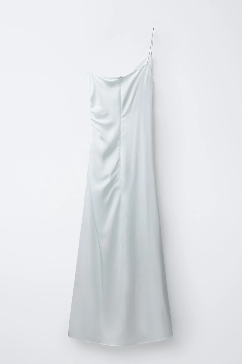 ASYMMETRIC SATIN EFFECT RHINESTONE STRAP DRESS