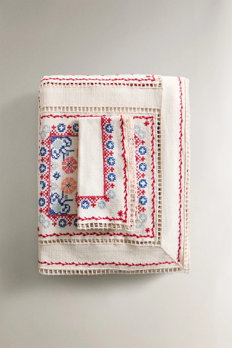 COTTON LINEN TABLECLOTH WITH EMBROIDERED CROSS-STITCH