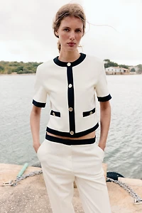SHORT SLEEVE BLAZER WITH CONTRASTING PIPING