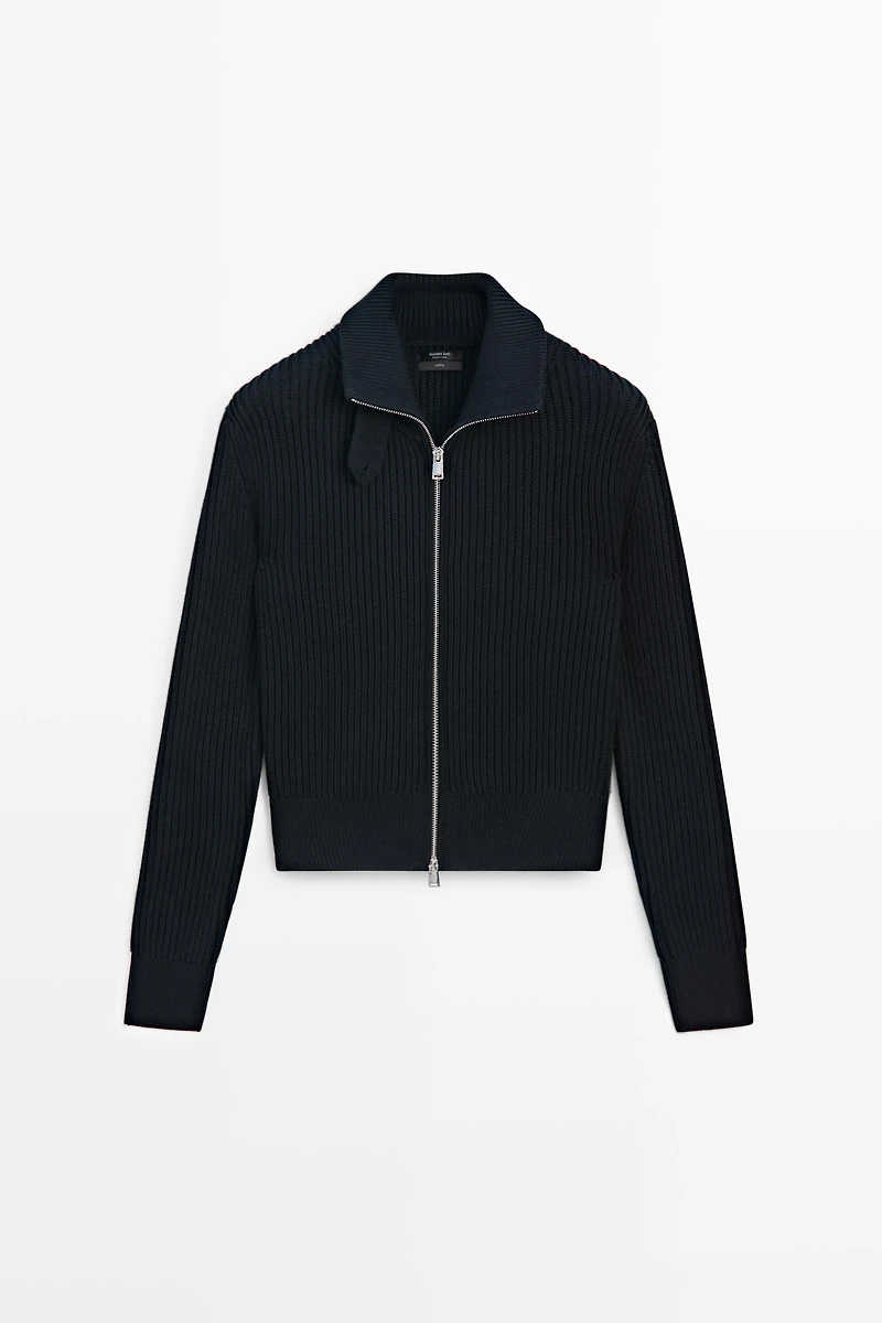 100% cotton knit cardigan with high neck detail