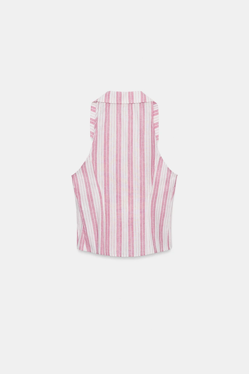 STRIPED BUTTON-FRONT WRAP TOP