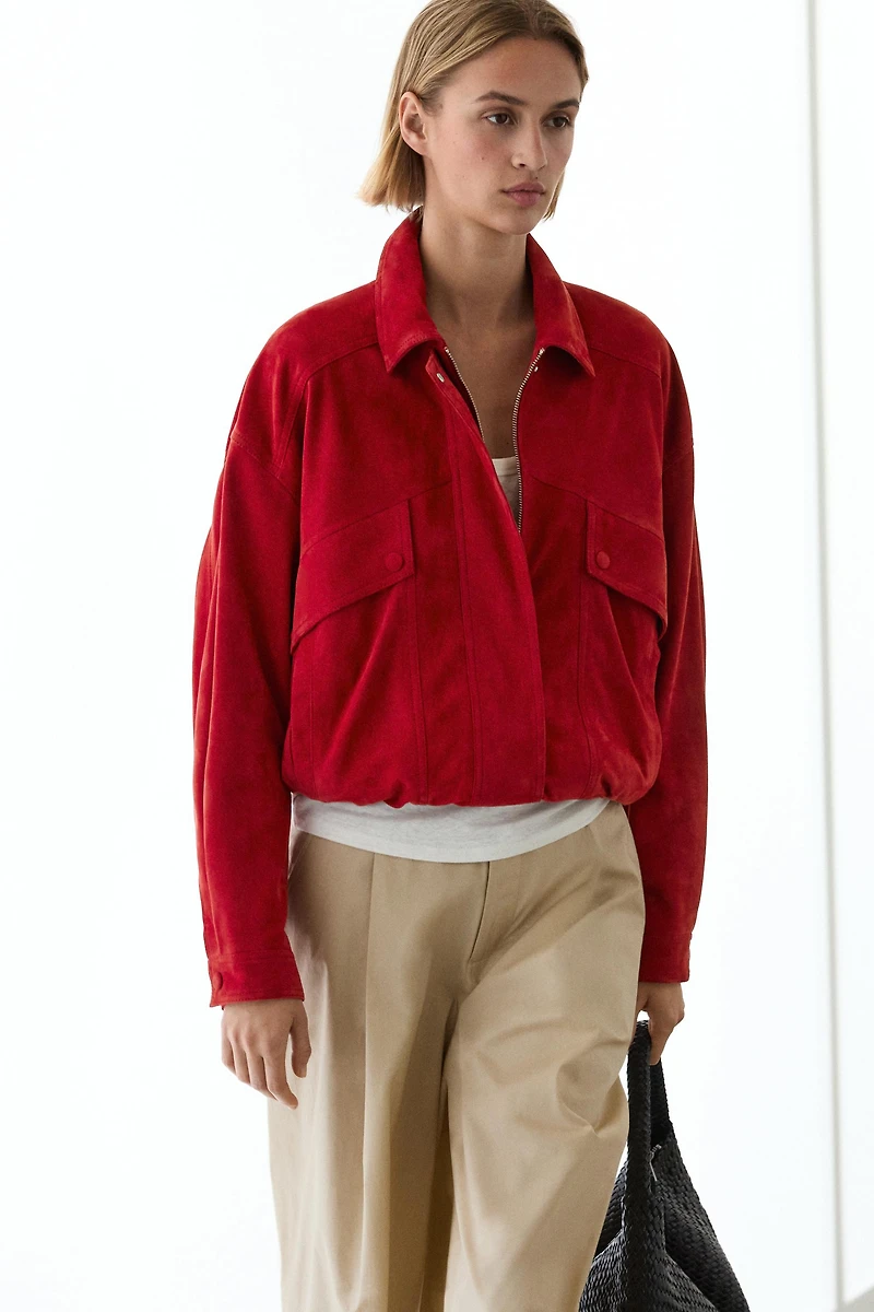 Suede leather bomber jacket with pocket details
