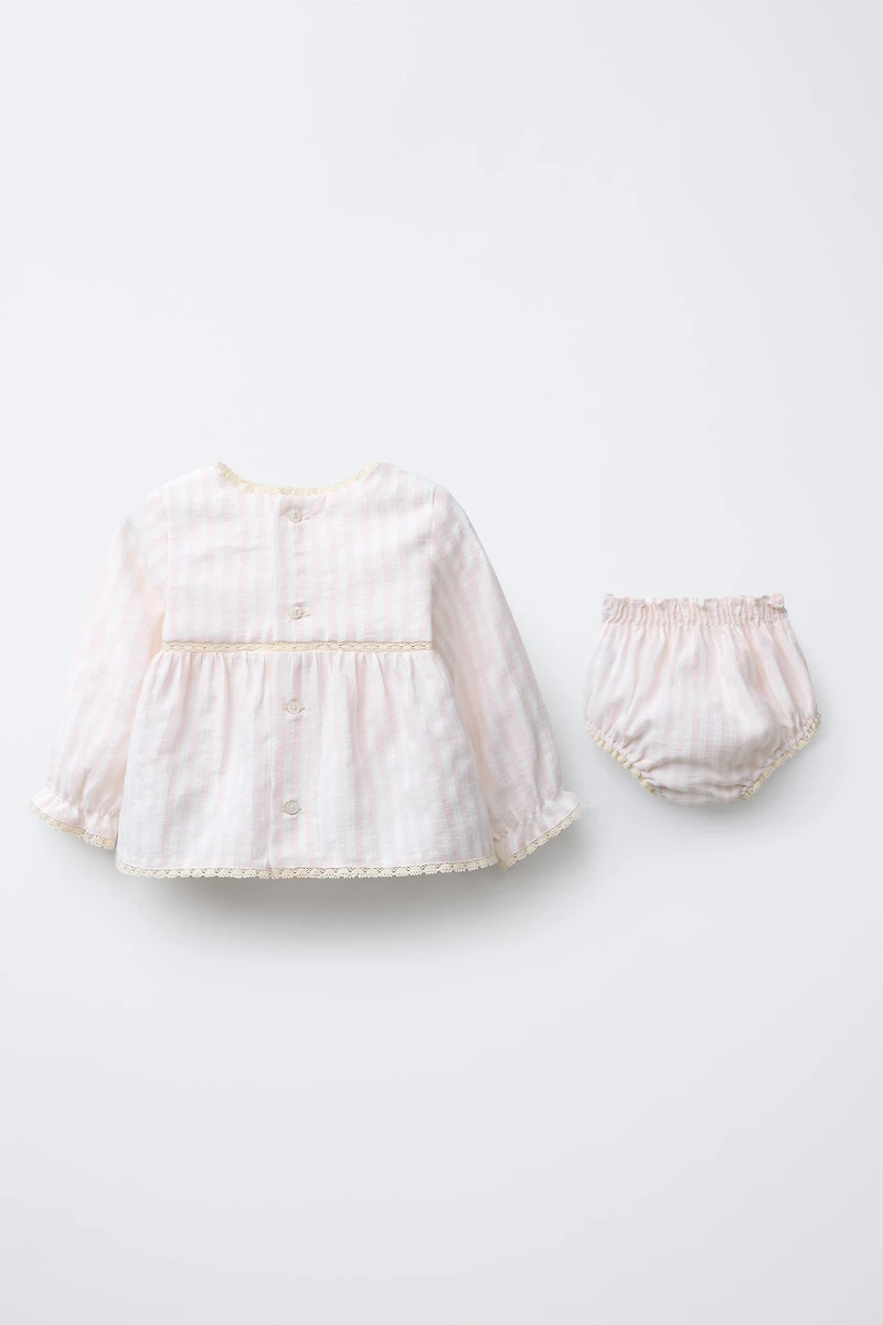 ENSEMBLE CHEMISE ET BERMUDA SEERSUCKER RAYÉ DENTELLE