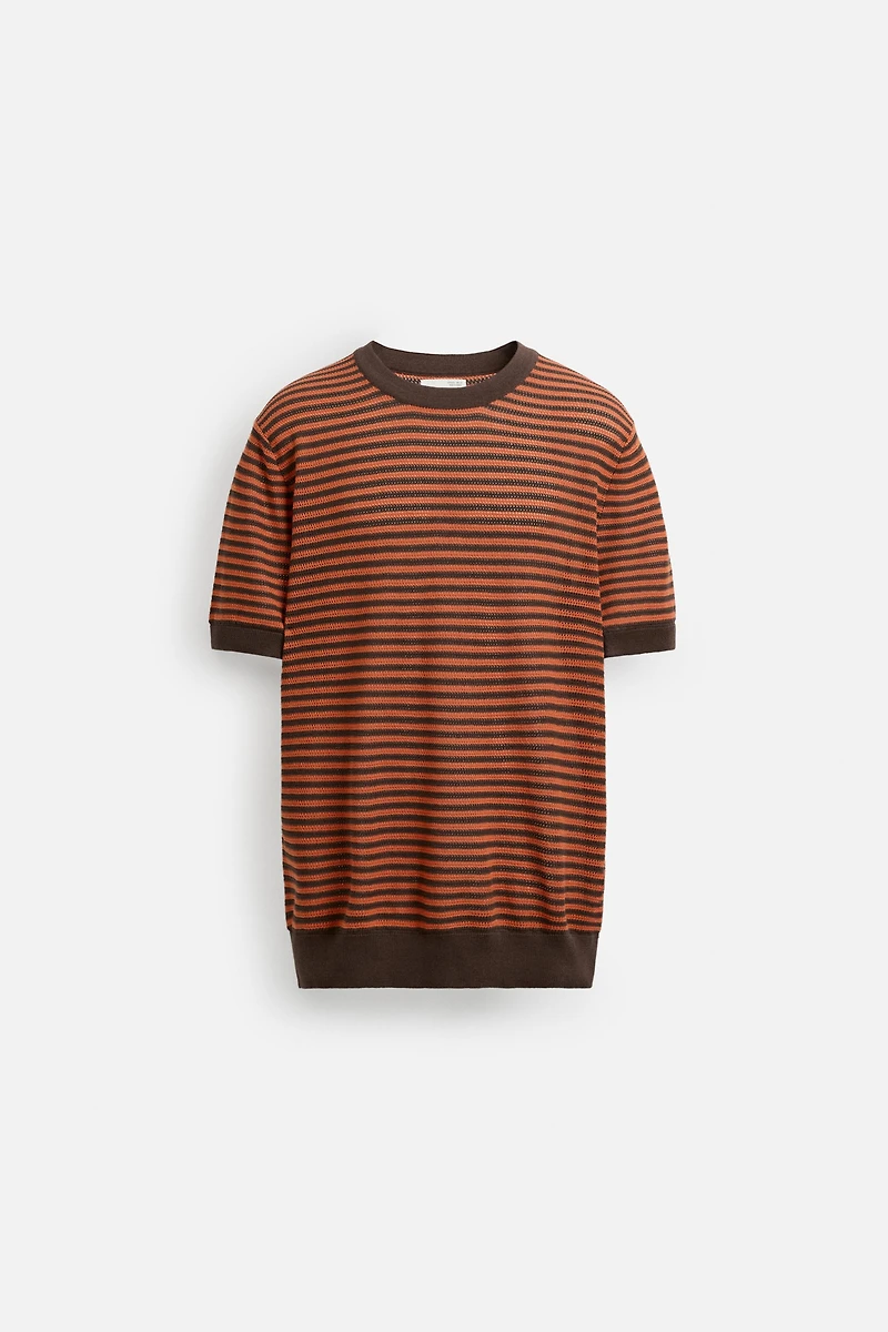 STRIPED OPEN KNIT T-SHIRT