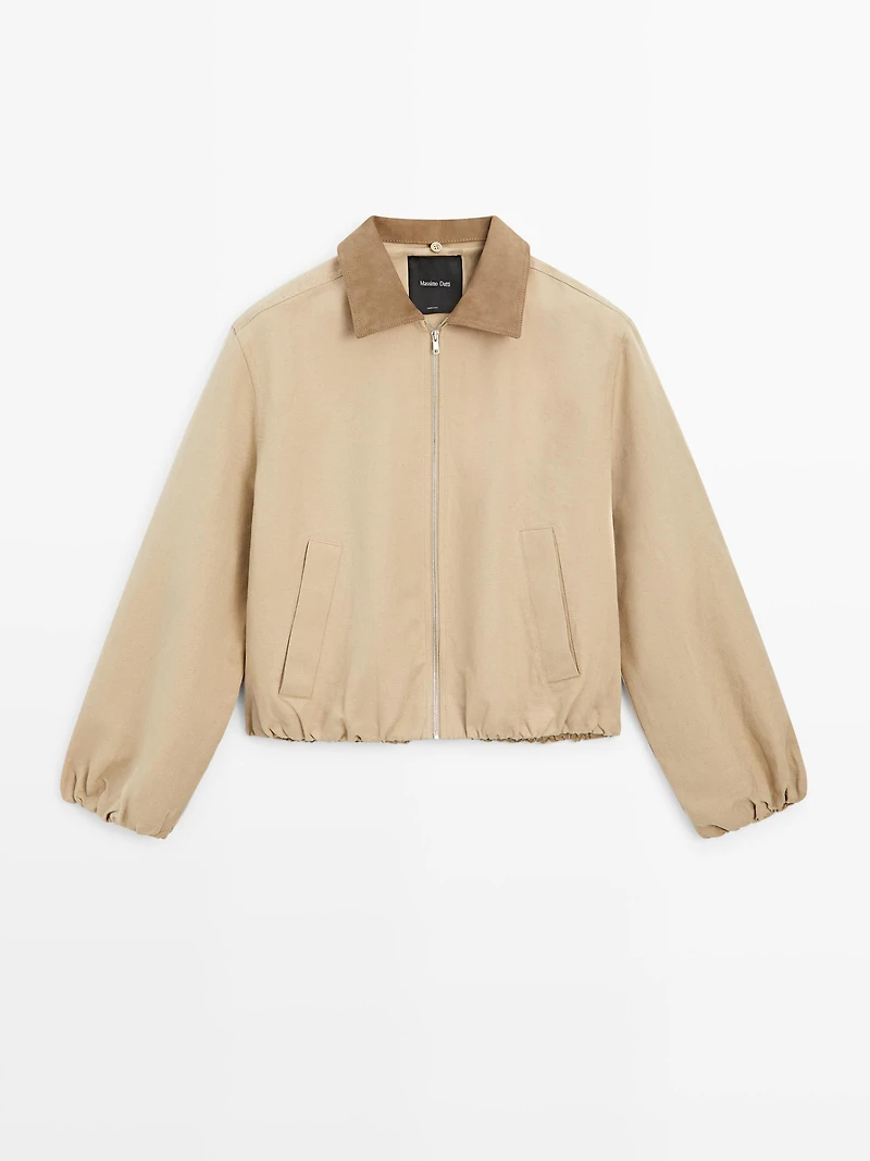 Short suede leather jacket with collar detail