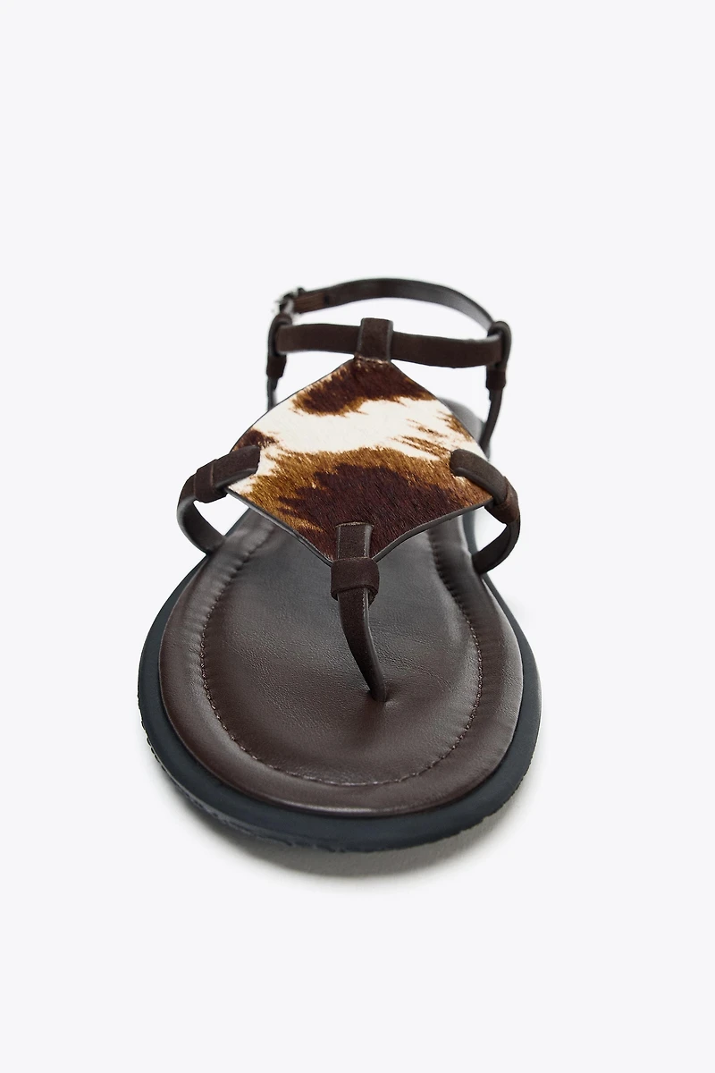 ANIMAL PRINT FURRY LEATHER SANDALS