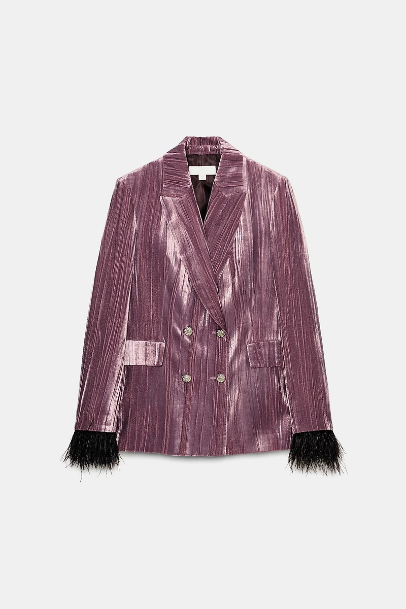DOUBLE BREASTED VELVET BLAZER WITH FEATHERS