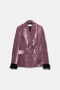 DOUBLE BREASTED VELVET BLAZER WITH FEATHERS