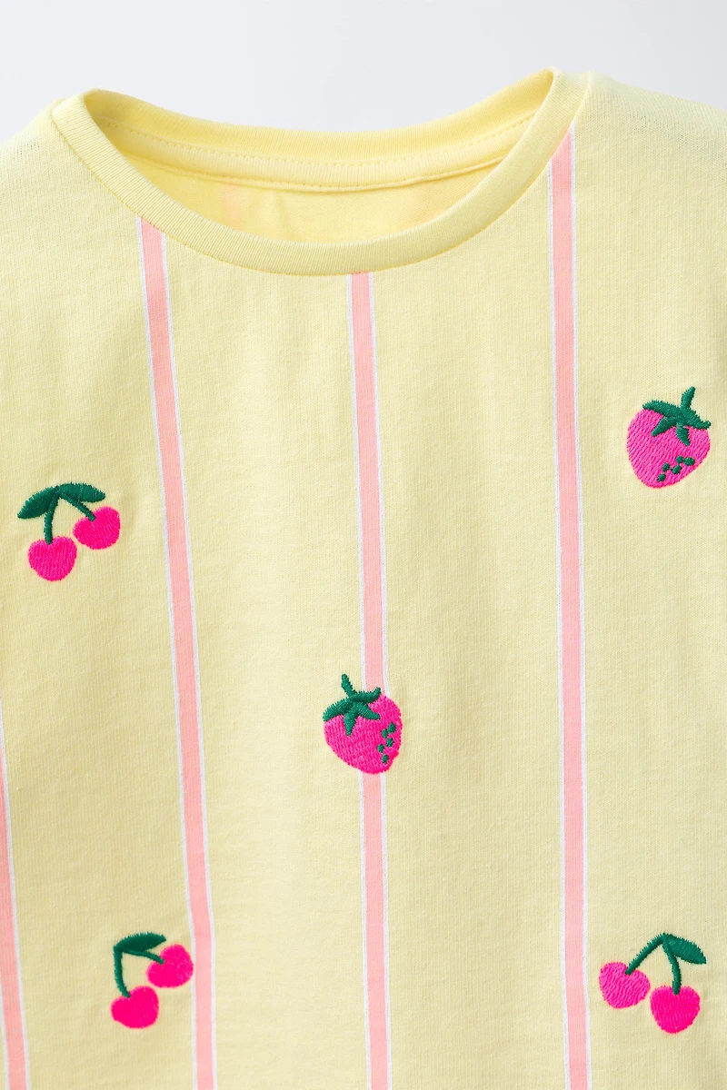 EMBROIDERED FRUIT STRIPED T-SHIRT AND BERMUDA SET