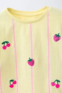 EMBROIDERED FRUIT STRIPED T-SHIRT AND BERMUDA SET
