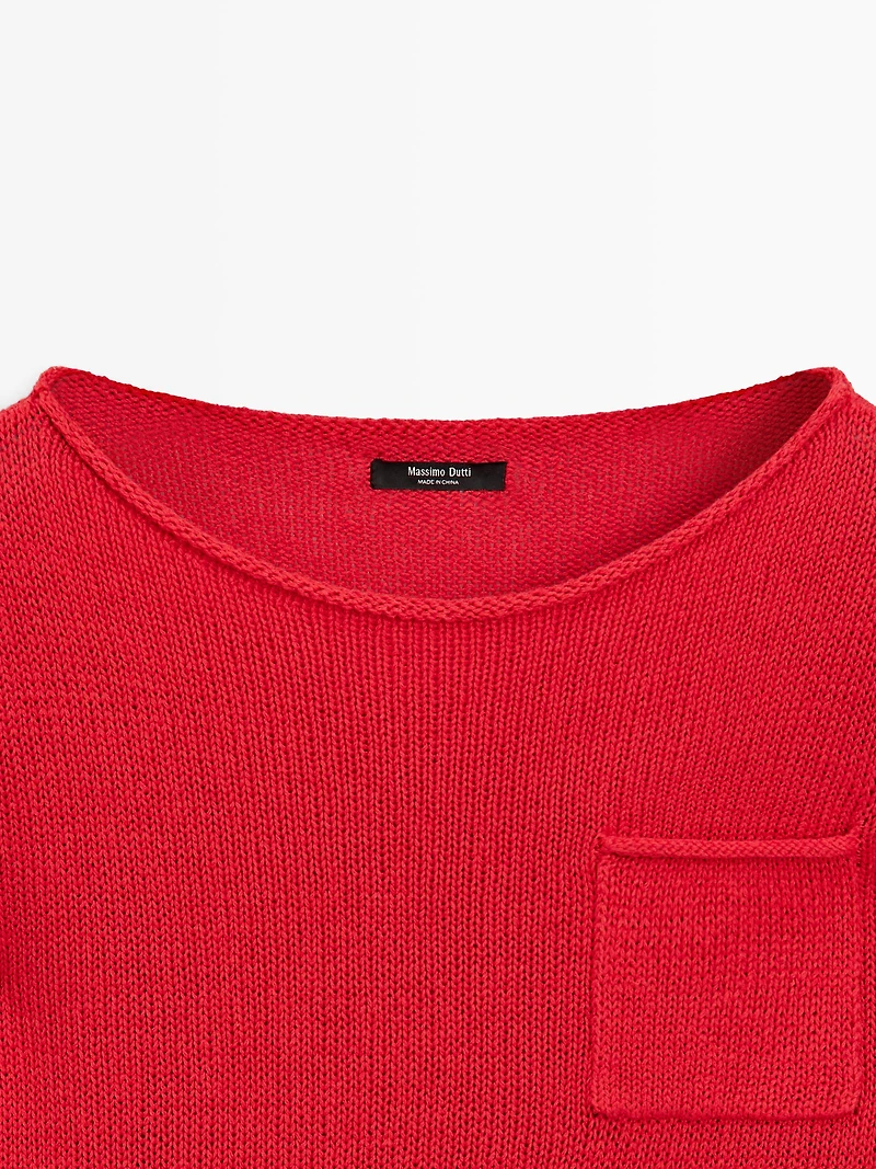Cotton and linen knit sweater with pocket detail
