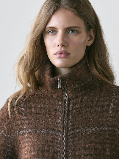 Check knit alpaca and felt texture cardigan