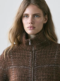 Check knit alpaca and felt texture cardigan