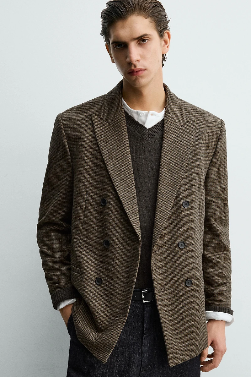 PLAID WOOL BLEND DOUBLE BREASTED BLAZER