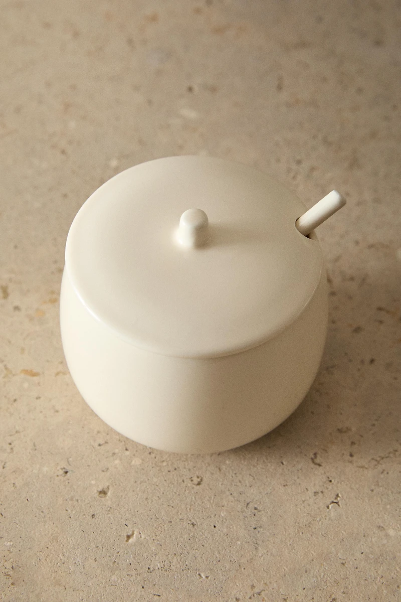 PLAIN STONEWARE SUGAR BOWL WITH SPOON