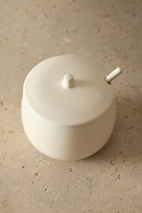 PLAIN STONEWARE SUGAR BOWL WITH SPOON