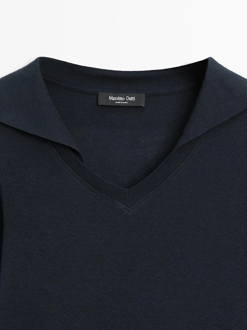 Long sleeve knit V-neck polo shirt