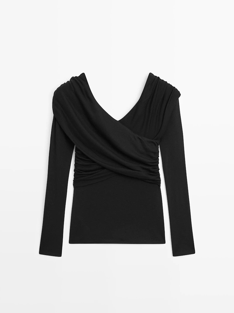 Off-the-shoulder lyocell and wool blend top