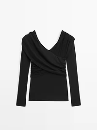 Off-the-shoulder lyocell and wool blend top