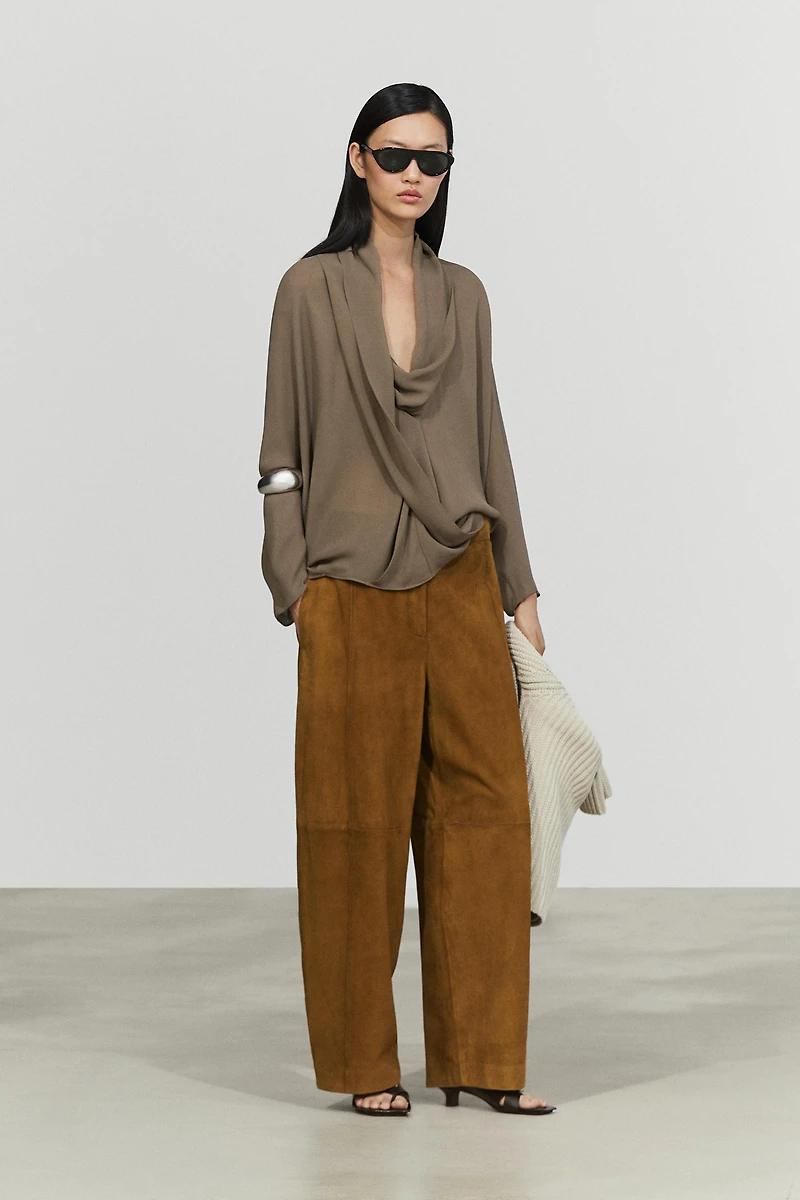 Flowy surplice draped neckline shirt
