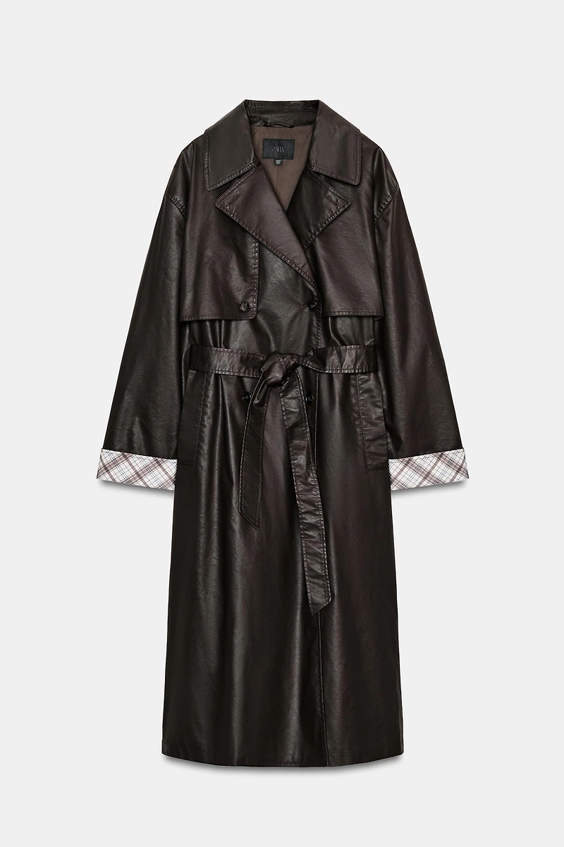 LONG WAXED PLAID TRENCH COAT