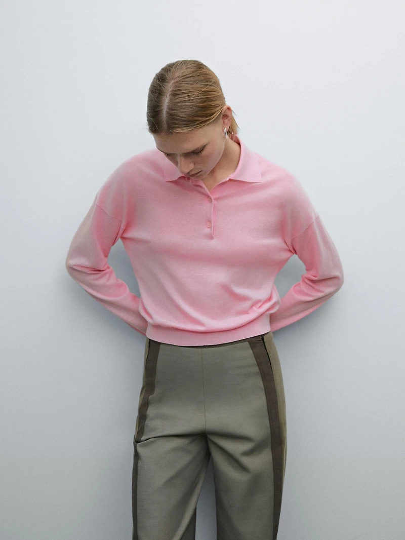 Cotton blend knit polo sweater
