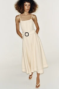 LINEN MIDI DRESS WITH CONTRAST STITCHING AND BELT