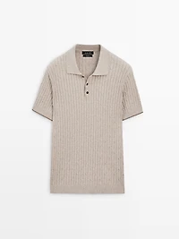 Cotton blend cable-knit polo sweater