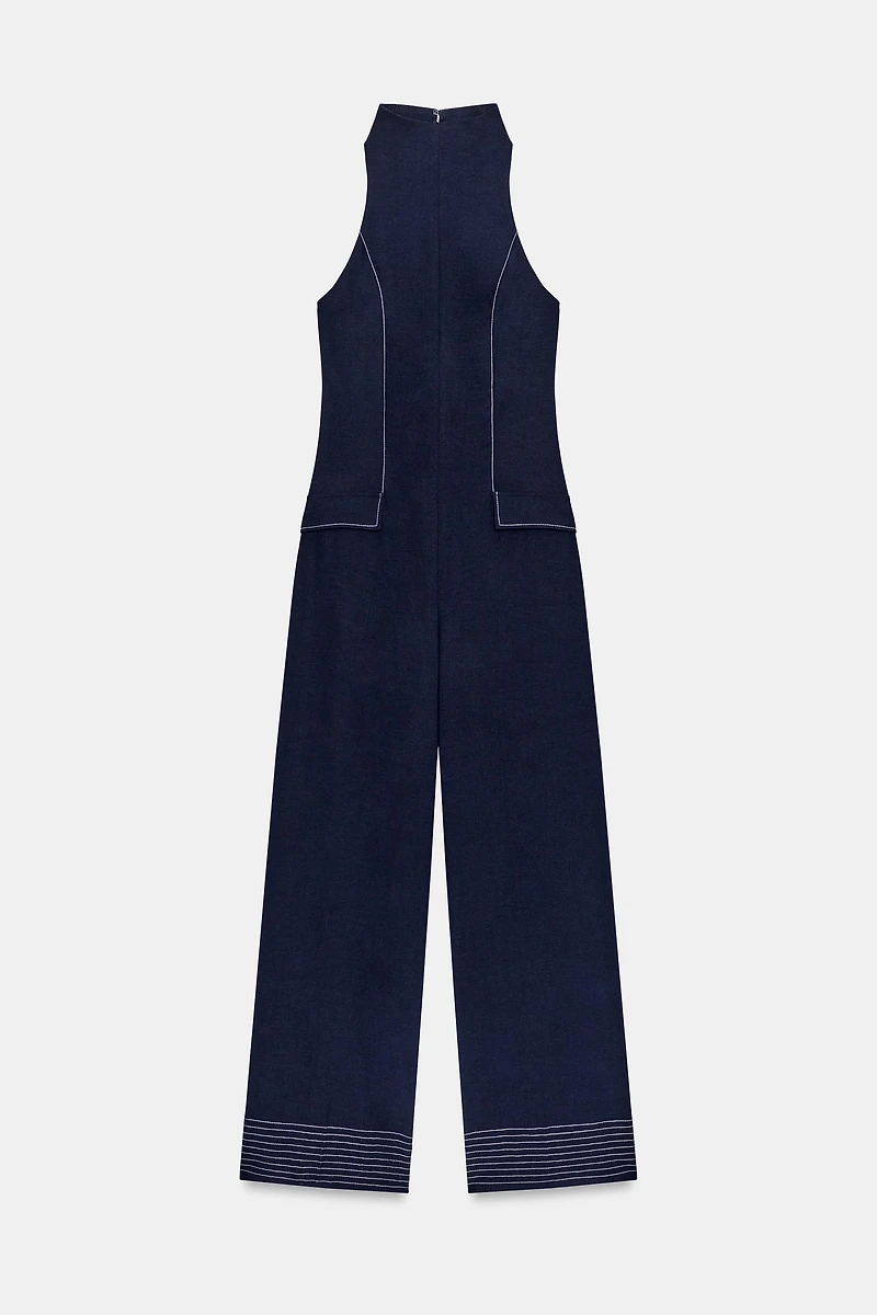 CONTRAST PIPING HALTER JUMPSUIT