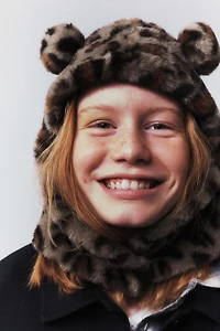 FAUX FUR ANIMAL PRINT EARS HOOD