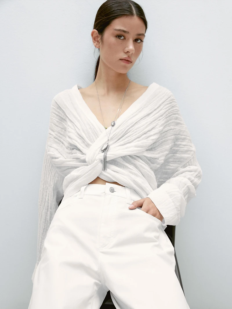 Cotton blend straight-leg cropped trousers