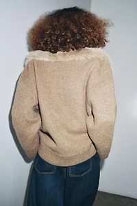 100% WOOL FAUX FUR LAPEL JACKET